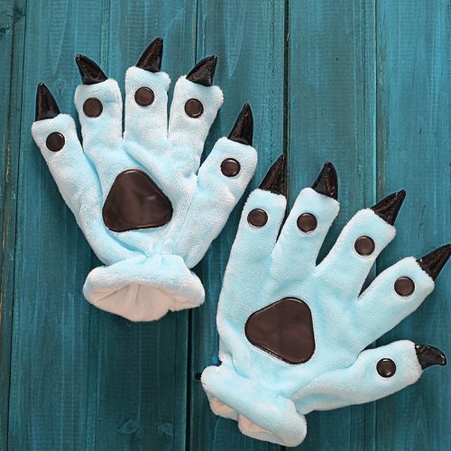Unisex Adult Kids Light Blue Black Animal Fox Hands Paw Gloves