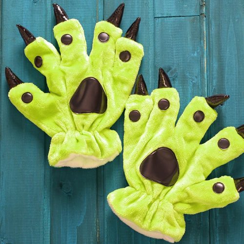 Unisex Adult Kids Light Green Black Animal Wolf Hands Paw Gloves