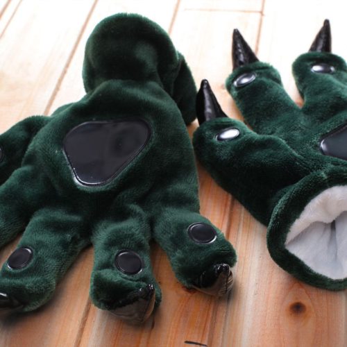 Unisex Adult Kids Green Black Animal Wolf Hands Paw Gloves