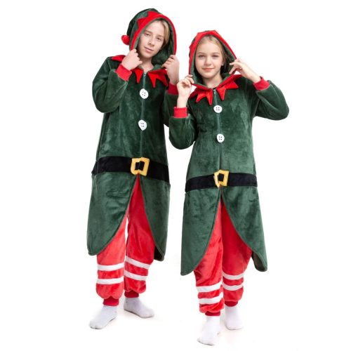 Kids Green Red Elf Kigurumi Costume Onesie With Plus Size