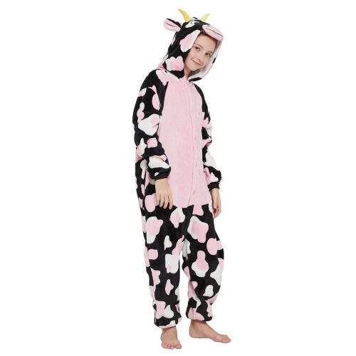 Kids Black Pink Cow Kigurumi Costume Onesie With Plus Size