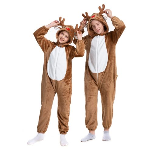 Kids White Brown Reindeer Kigurumi Costume Onesie With Plus Size